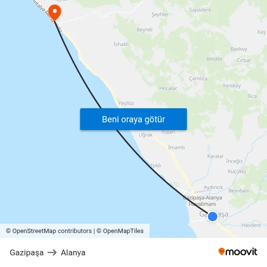 Gazipaşa to Alanya map