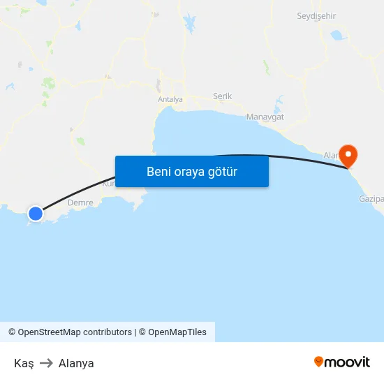 Kaş to Alanya map