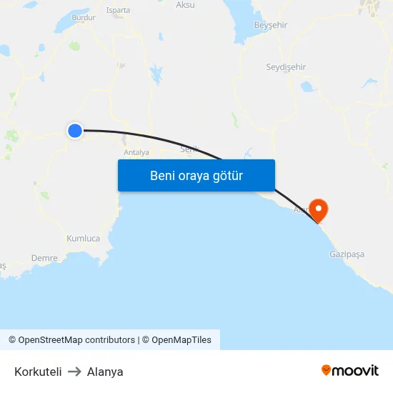 Korkuteli to Alanya map