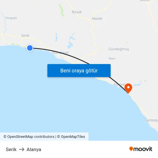 Serik to Alanya map