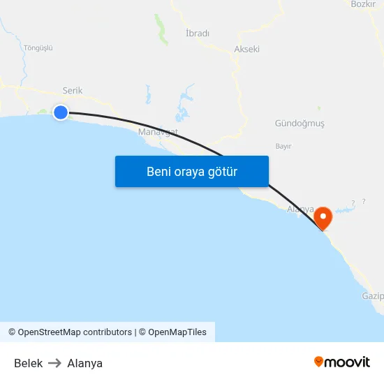 Belek to Alanya map