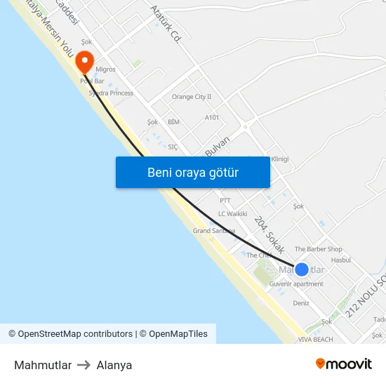 Mahmutlar to Alanya map