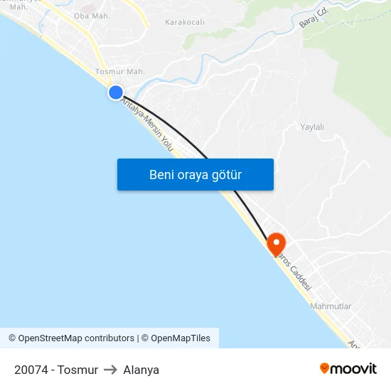 20074 - Tosmur to Alanya map