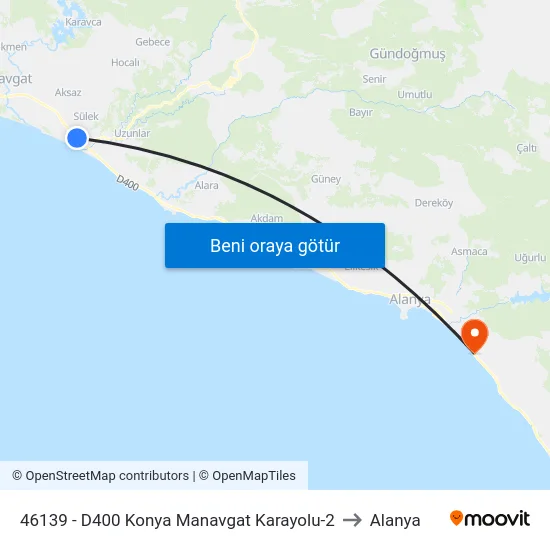 46139 - D400 Konya Manavgat Karayolu-2 to Alanya map