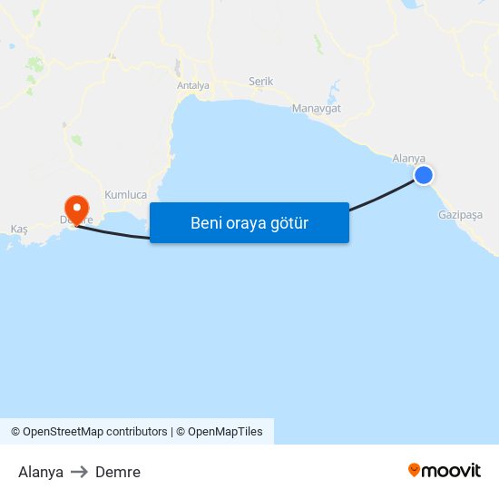 Alanya to Demre map