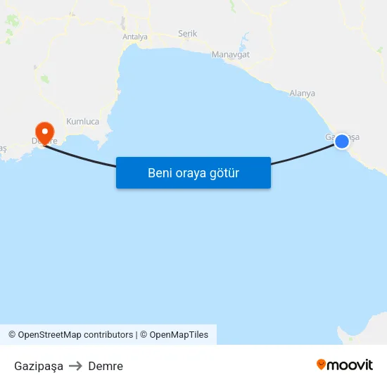 Gazipaşa to Demre map