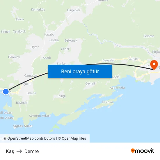 Kaş to Demre map