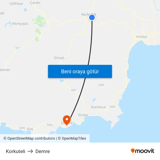 Korkuteli to Demre map