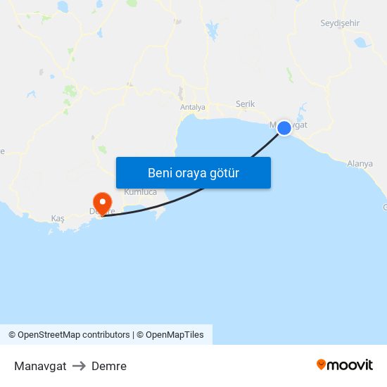 Manavgat to Demre map