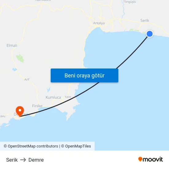 Serik to Demre map