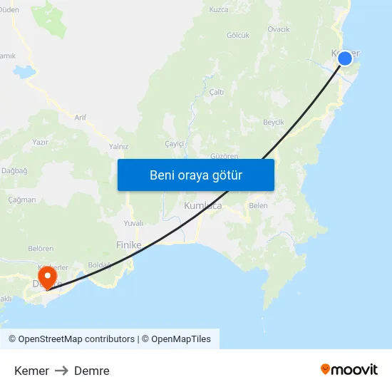 Kemer to Demre map