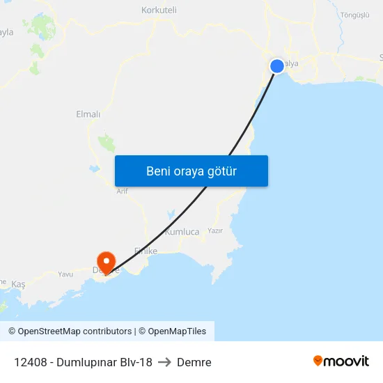 12408 - Dumlupınar Blv-18 to Demre map