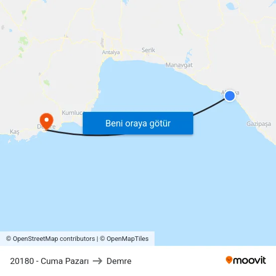 20180 - Cuma Pazarı to Demre map