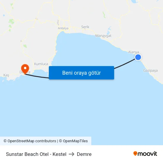 Sunstar Beach Otel - Kestel to Demre map