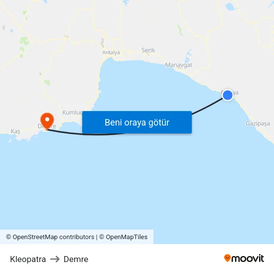 Kleopatra to Demre map