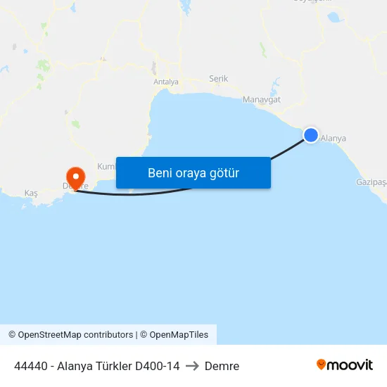 44440 - Alanya Türkler D400-14 to Demre map