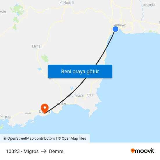 10023 - Migros to Demre map