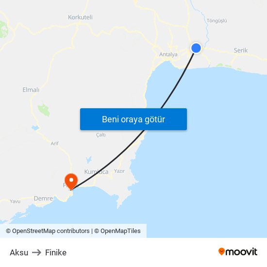 Aksu to Finike map