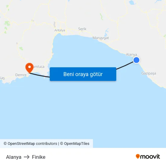 Alanya to Finike map
