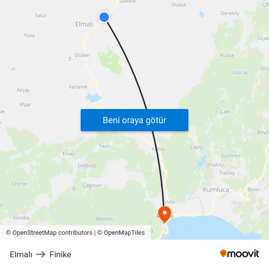 Elmalı to Finike map