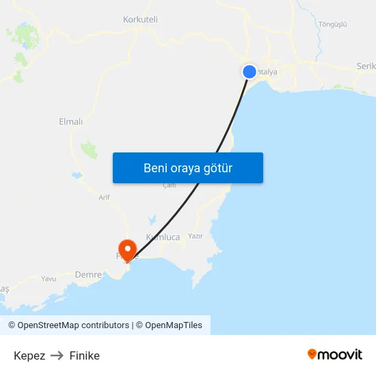 Kepez to Finike map