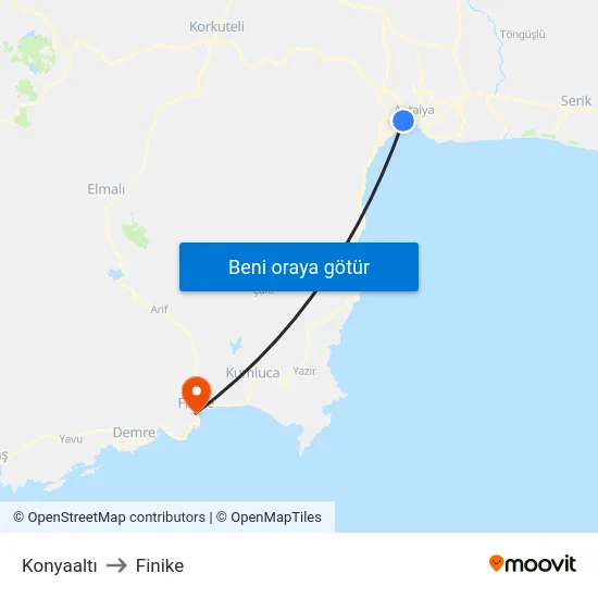 Konyaaltı to Finike map
