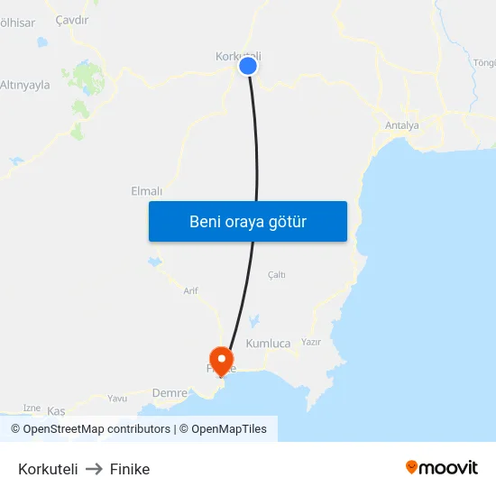 Korkuteli to Finike map