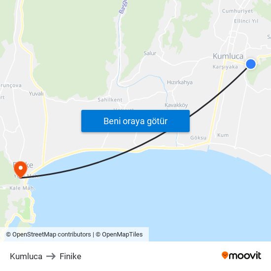 Kumluca to Finike map