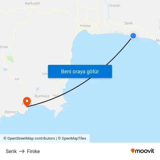 Serik to Finike map