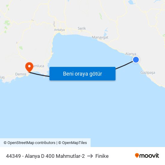 44349 - Alanya D 400 Mahmutlar-2 to Finike map