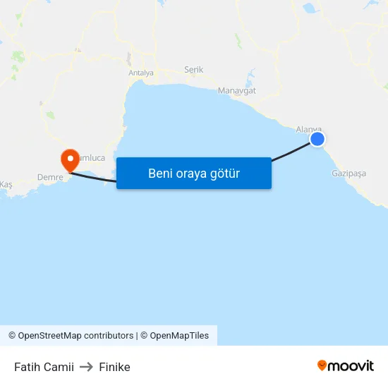 Fatih Camii to Finike map