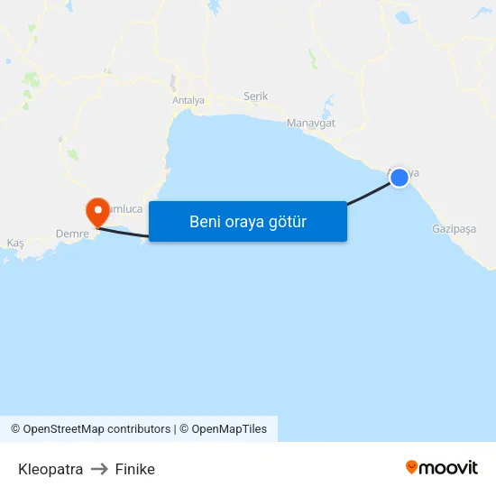 Kleopatra to Finike map