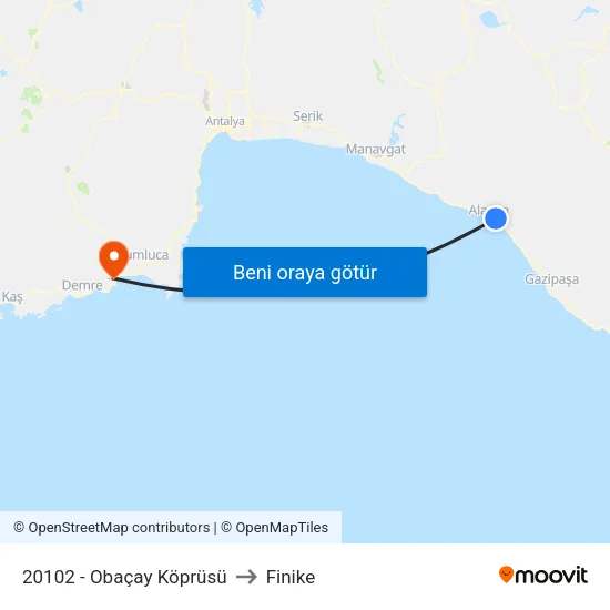 20102 - Obaçay Köprüsü to Finike map