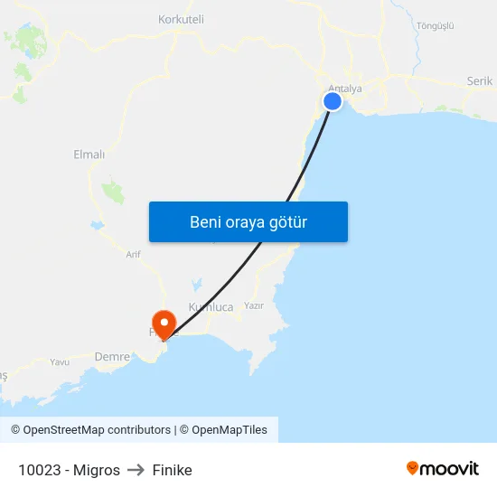 10023 - Migros to Finike map