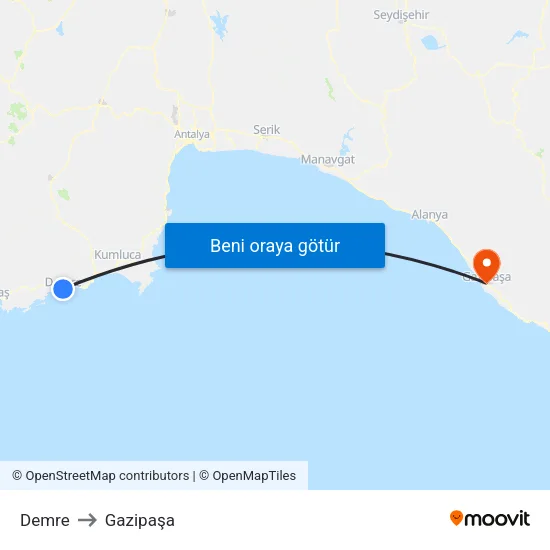 Demre to Gazipaşa map