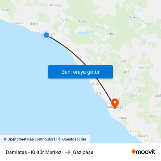 Damlataş - Kültür Merkezi to Gazipaşa map