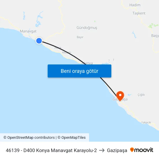 46139 - D400 Konya Manavgat Karayolu-2 to Gazipaşa map