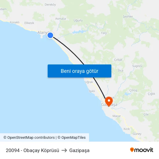 20094 - Obaçay Köprüsü to Gazipaşa map