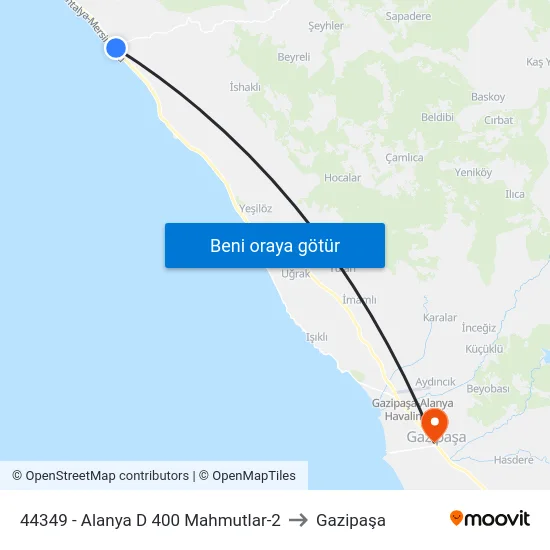 44349 - Alanya D 400 Mahmutlar-2 to Gazipaşa map