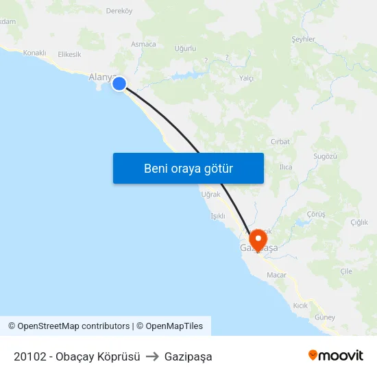 20102 - Obaçay Köprüsü to Gazipaşa map