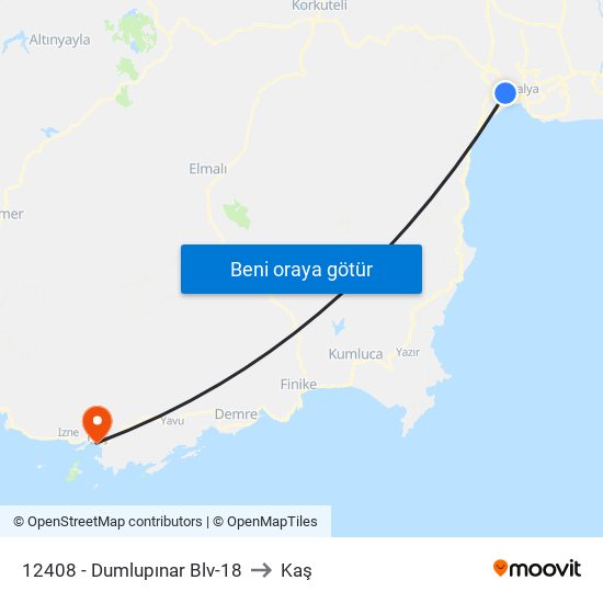 12408 - Dumlupınar Blv-18 to Kaş map