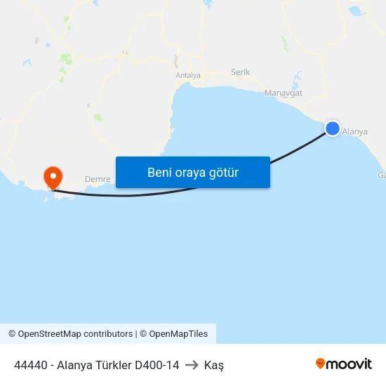 44440 - Alanya Türkler D400-14 to Kaş map