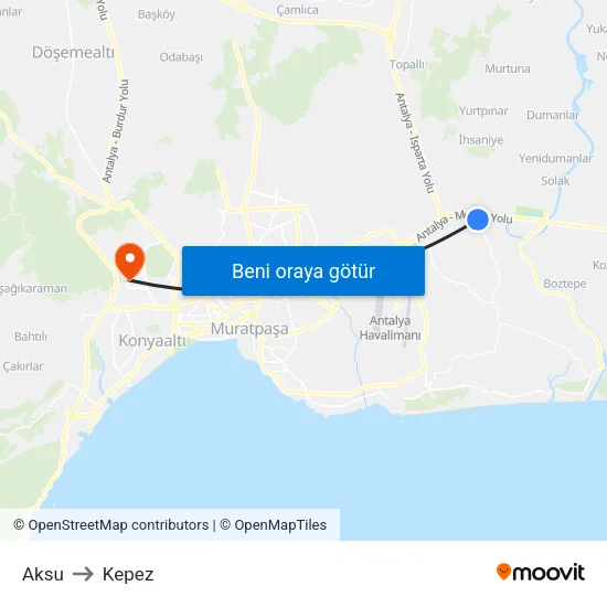 Aksu to Kepez map