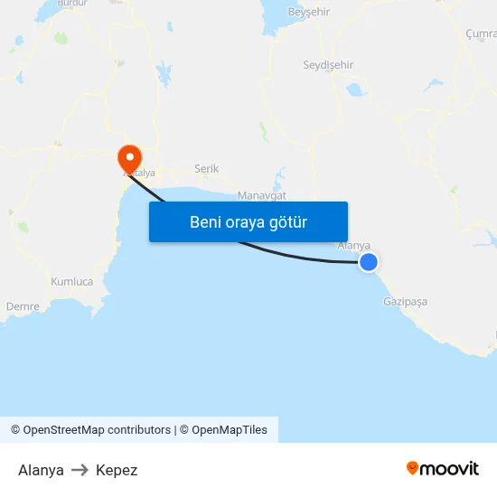 Alanya to Kepez map