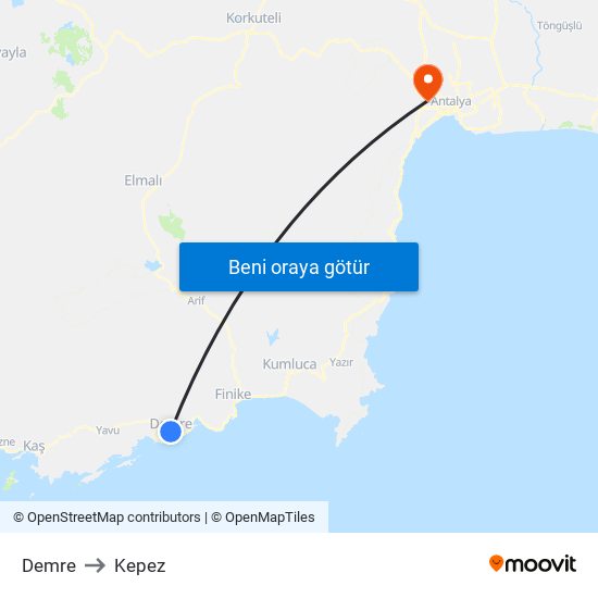 Demre to Kepez map