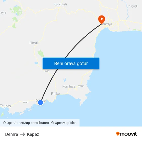Demre to Kepez map