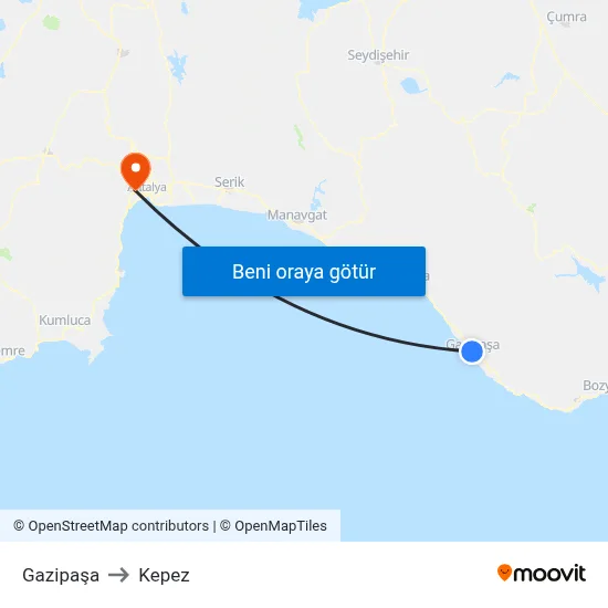 Gazipaşa to Kepez map