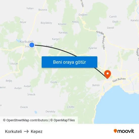 Korkuteli to Kepez map