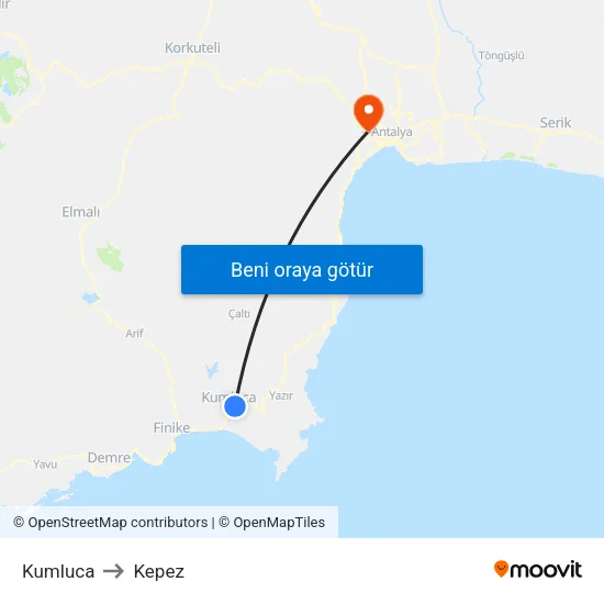 Kumluca to Kepez map