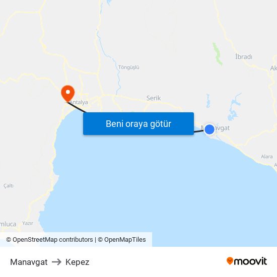 Manavgat to Kepez map